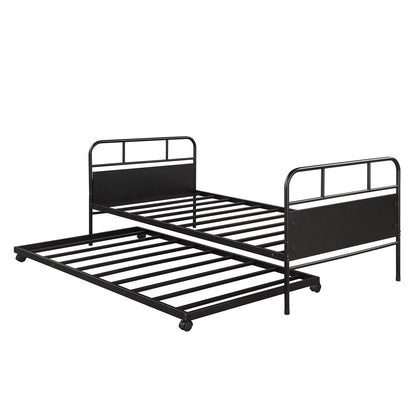 Twin Size Metal Daybed Platform Bed Frame With Trundle Built In Casters - Black