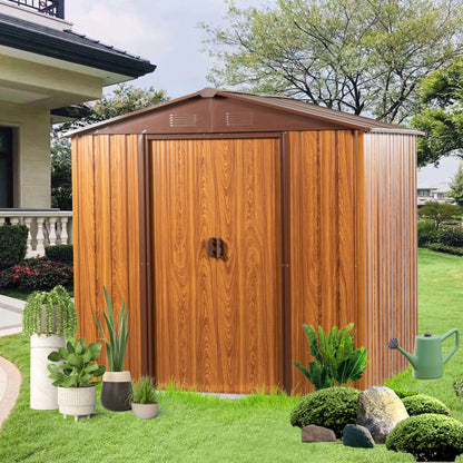 Metal Storage Shed Appealing Horizontal Siding In Woodgrain With Coffee Trim To Complement - Light Brown