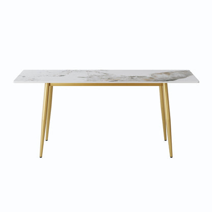 78.74" Modern Artificial Stone Pandora Straight Edge Golden Metal Leg Dining Table, Can Accommodate 8 People - White