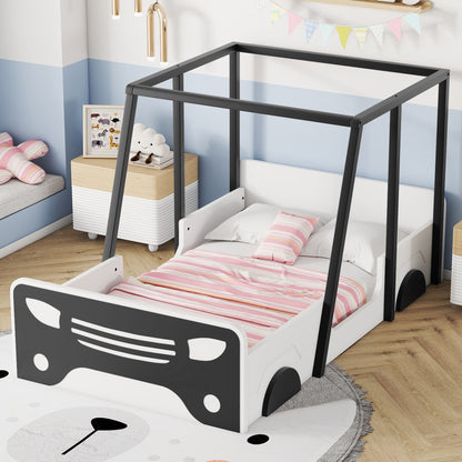 Twin Size Car-Shaped Bed With Roof, Wooden Twin Floor Bed With Wheels And Door Design, Montessori Inspired Bedroom