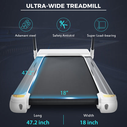 Portable Compact Treadmill, Electric Motorized 3.5Hp, 14Km / H, Medium Running Machine Motorised Gym 330Lbs, Foldable For Home Gym Fitness Workout Jogging Walking, Bluetooth Speaker App Fitime - White