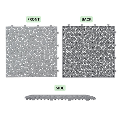 Interlocking Deck Tiles Plastic Waterproof Outdoor All Weather Anti-Slip Bathroom Shower Balcony Porch Strong Weight Capacity Upto 440 Lbs, Pebble Stone Pattern