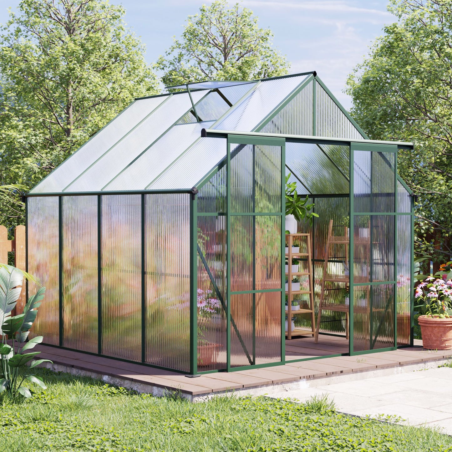 Double Door Polycarbonate Greenhouse Raised Base And Anchor Aluminum Heavy Duty Walk In Greenhouses For Outdoor Backyard In All Season