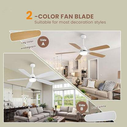 Indoor Modern 52" Ceiling Fan With Dimmable 6 Speed Wind 5 Blades Remote Control Reversible Dc Motor With LED Light - White