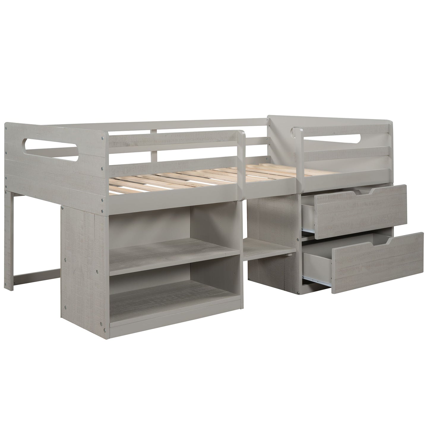 Twin Size Loft Bed With Two Shelves And Two Drawers