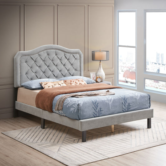 Queen Platform Upholstered Bed Button Tufted With Curve Design, Strong Wood Slat Support - Gray