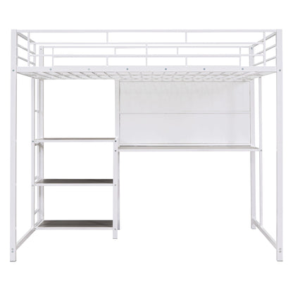 Loft Bed With Desk And Whiteboard, Metal Loft Bed With 3 Shelves And Ladder