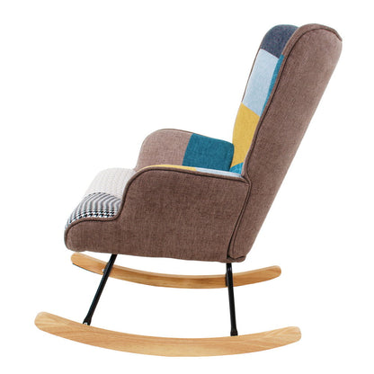 Accent Rocking Chair, Mid-Century Fabric Rocker Chair With Wood Legs And Patchwork Linen For Livingroom Bedroom