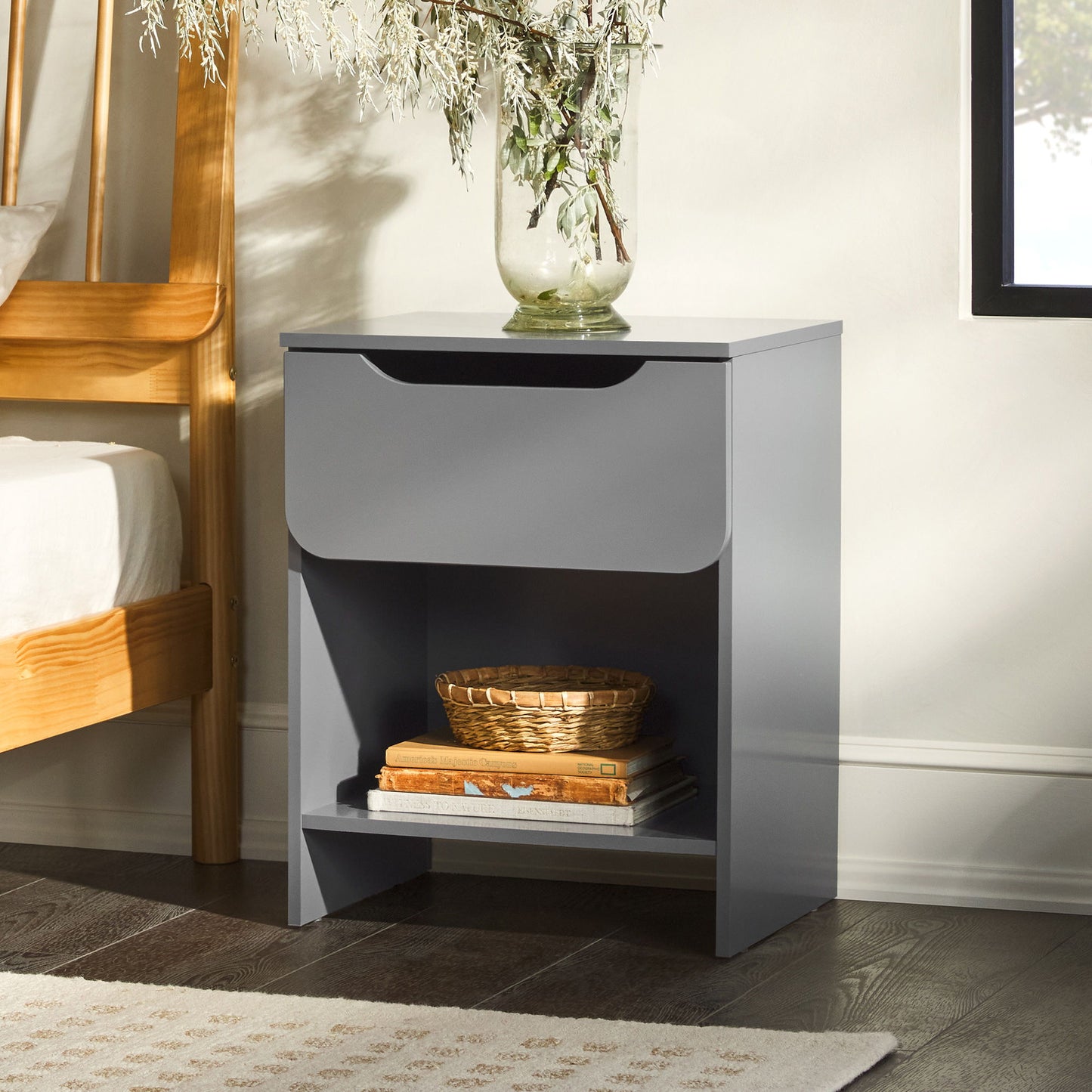 Modern Minimalist 1 Drawer Nightstand With Cubby