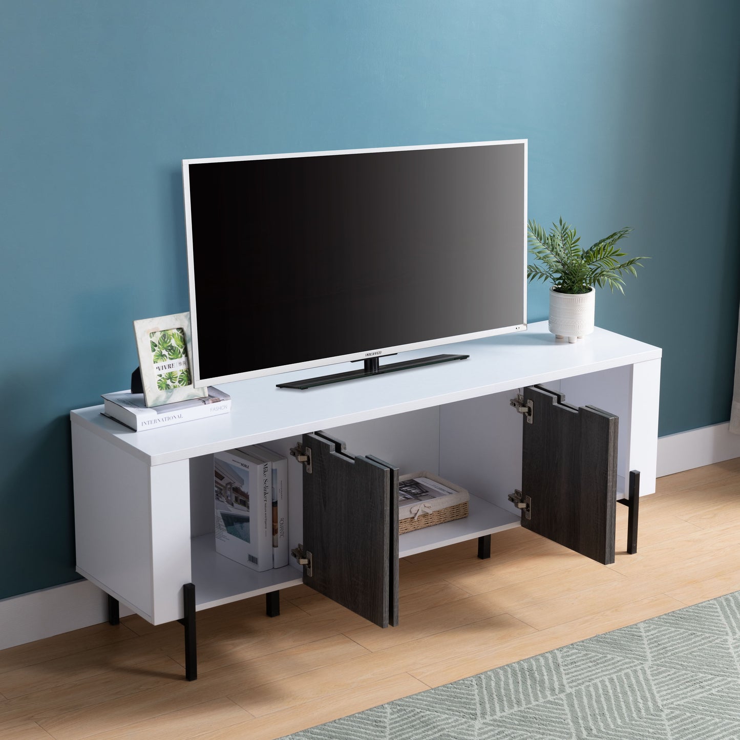 TV Stand With Metal Legs, Four Door Cabinets, And Euro Hinges Spacious Three Cabinet Storage - White / Distressed Gray