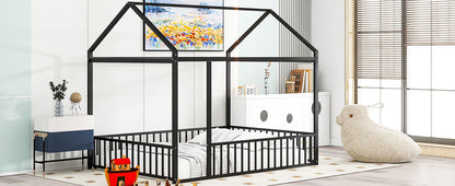 Metal Bed House Bed Frame With Fence, For Kids, Teens, Girls, Boys