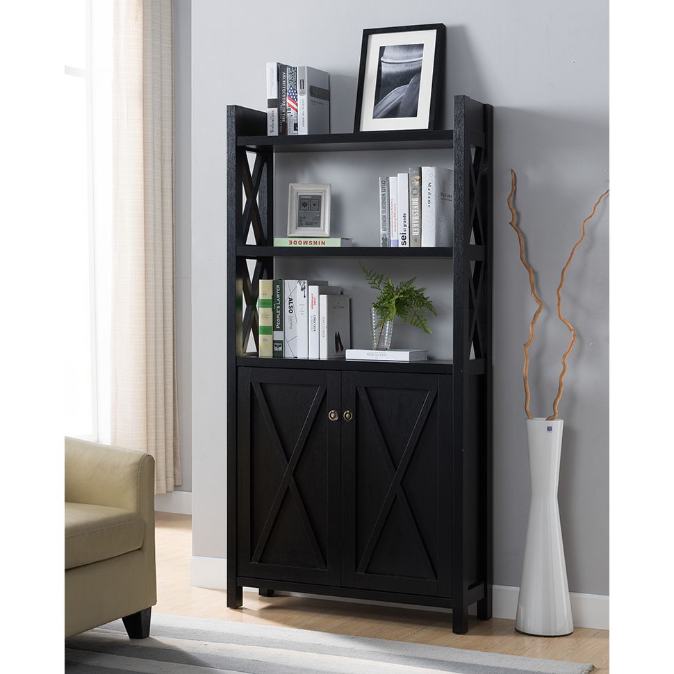 Crosshatch Display, Home Storage Cabinet With Two Top Shelves, Two Door Cabinet - Black