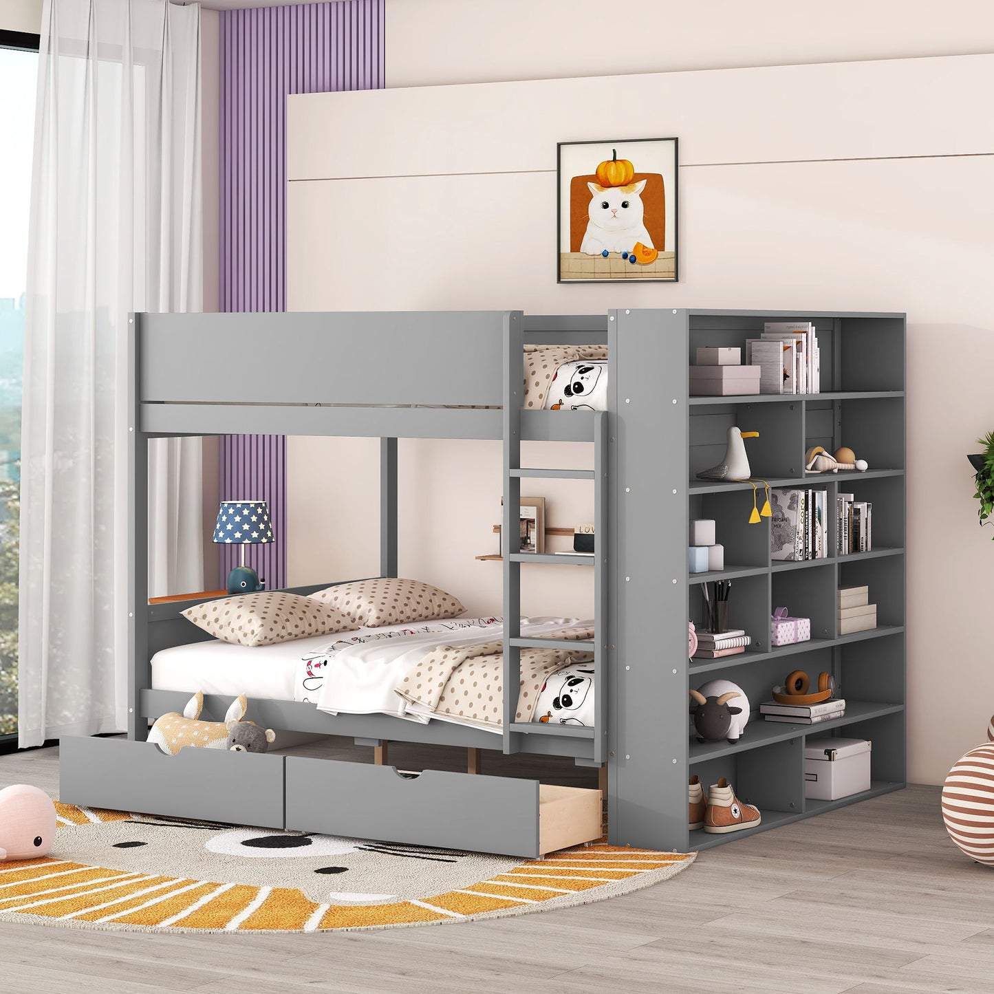 Full Over Full Bunk Bed With 2 Drawers And Multi - Layer Cabinet