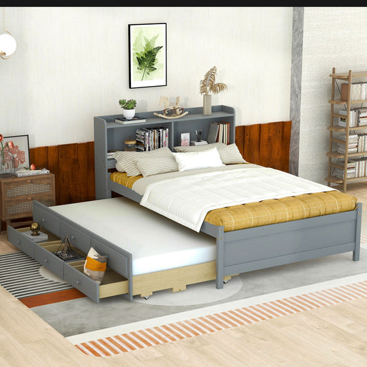 Bed With USB & Type-C Ports, LED Light, Bookcase Headboard, Trundle And 3 Storage Drawers, Bed With Bookcase Headboard, Trundle And Storage Drawers