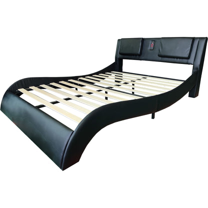 Upholstered Platform Bed Frame With LED Lighting, Bluetooth Connection To Play Music Control, Backrest Vibration Massage, Curve Design, Wood Slat Support