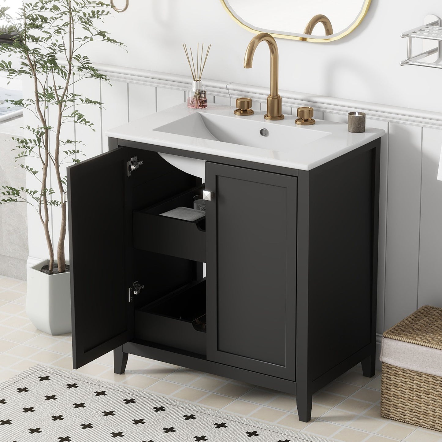 Freestanding Bathroom Vanity Combo With Ceramic Sink Shaker Style Vanities 2 Doors And 2 Drawers - Black