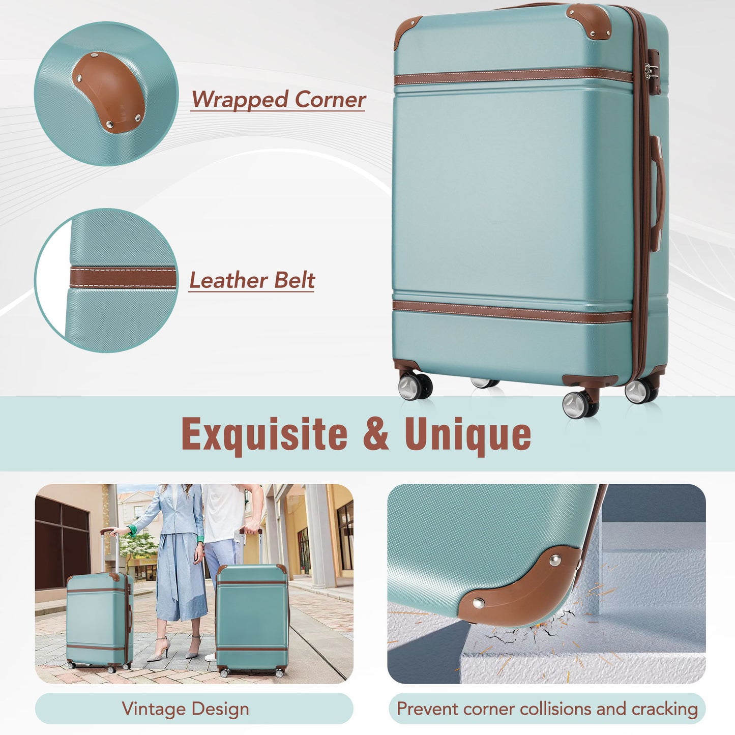 20" Hardside Luggage With Cosmetic Case, 2 Piece Lightweight Suitcase Set With Spinner Wheels, Carry On Vintage Luggage