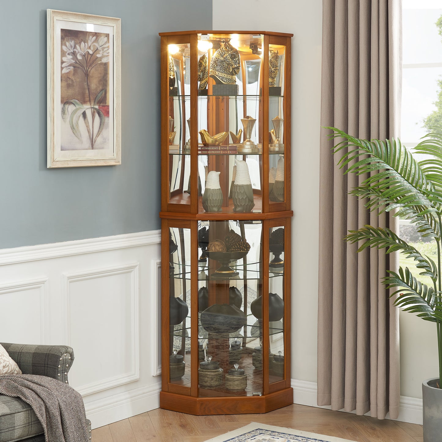 6 Shelf Corner Curio Display Cabinet With Lights, Mirrors And Adjustable Shelves (E26 Light Bulb Not Included)