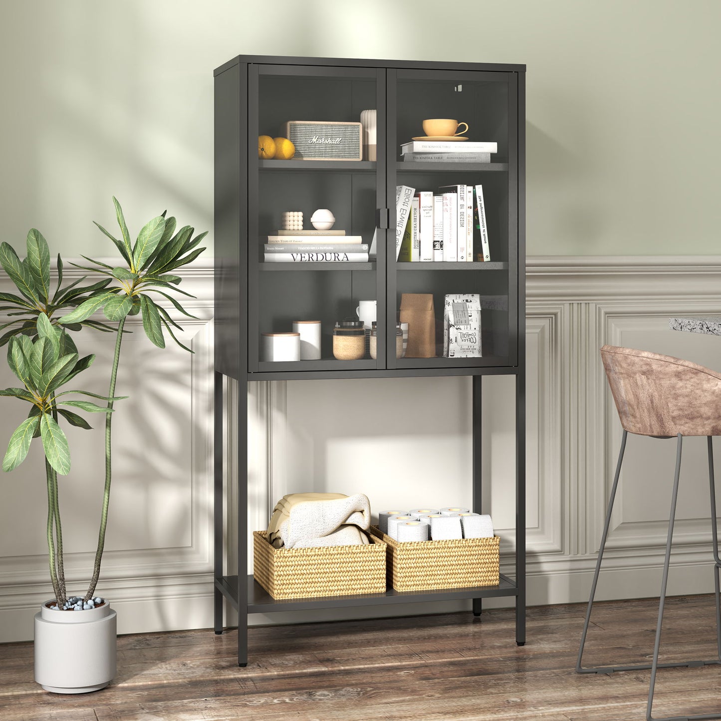 Heavy Duty Metal Storage Cabinet, Display Storage Cabinet With Glass Doors And 2 Adjustable Shelves, Tall Bookcase Modern Bookshelf Cabinet For Home Office, Living Room, Pantry