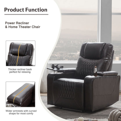 Power Motion Recliner With USB Charging Port And Hidden Arm Storage 2 Convenient Cup Holders Design And 360 Degree Swivel Tray Table