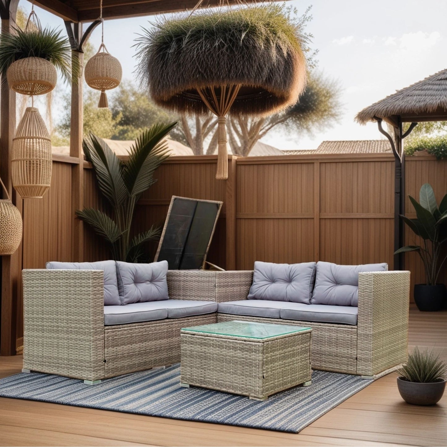 4 Piece Patio Sectional Wicker Rattan Outdoor Furniture Sofa Set With Storage Box - Gray