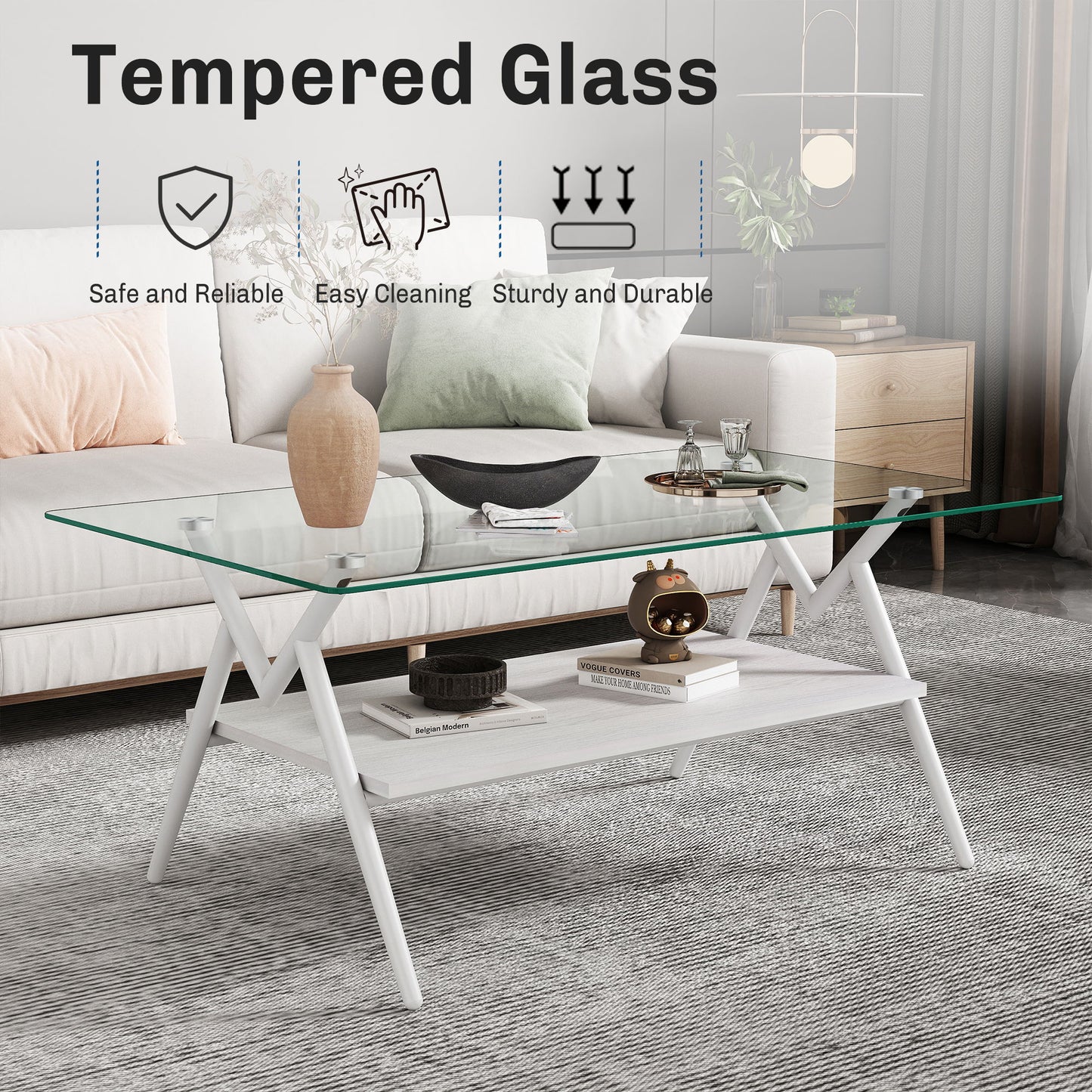 Rectangle Coffee Table With Tempered Glass Top And Shelf, Modern Table For Living Room