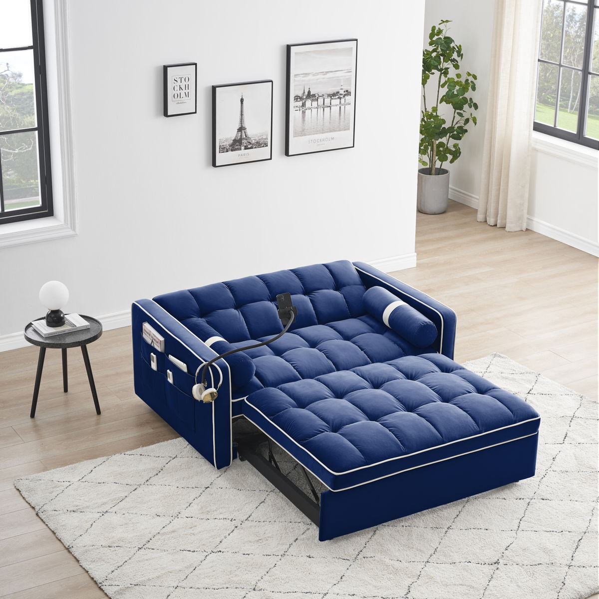 Modern Convertible Sleeper Sofa Couch With Pull Out Bed With Pillows & Side Pockets For Small Space, Living Room