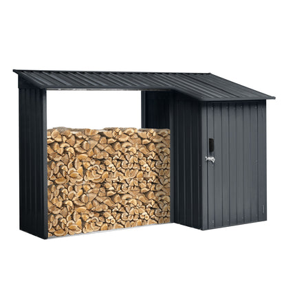 Outdoor Steel Firewood Rack And Metal Storage Shed, Two In One - Black