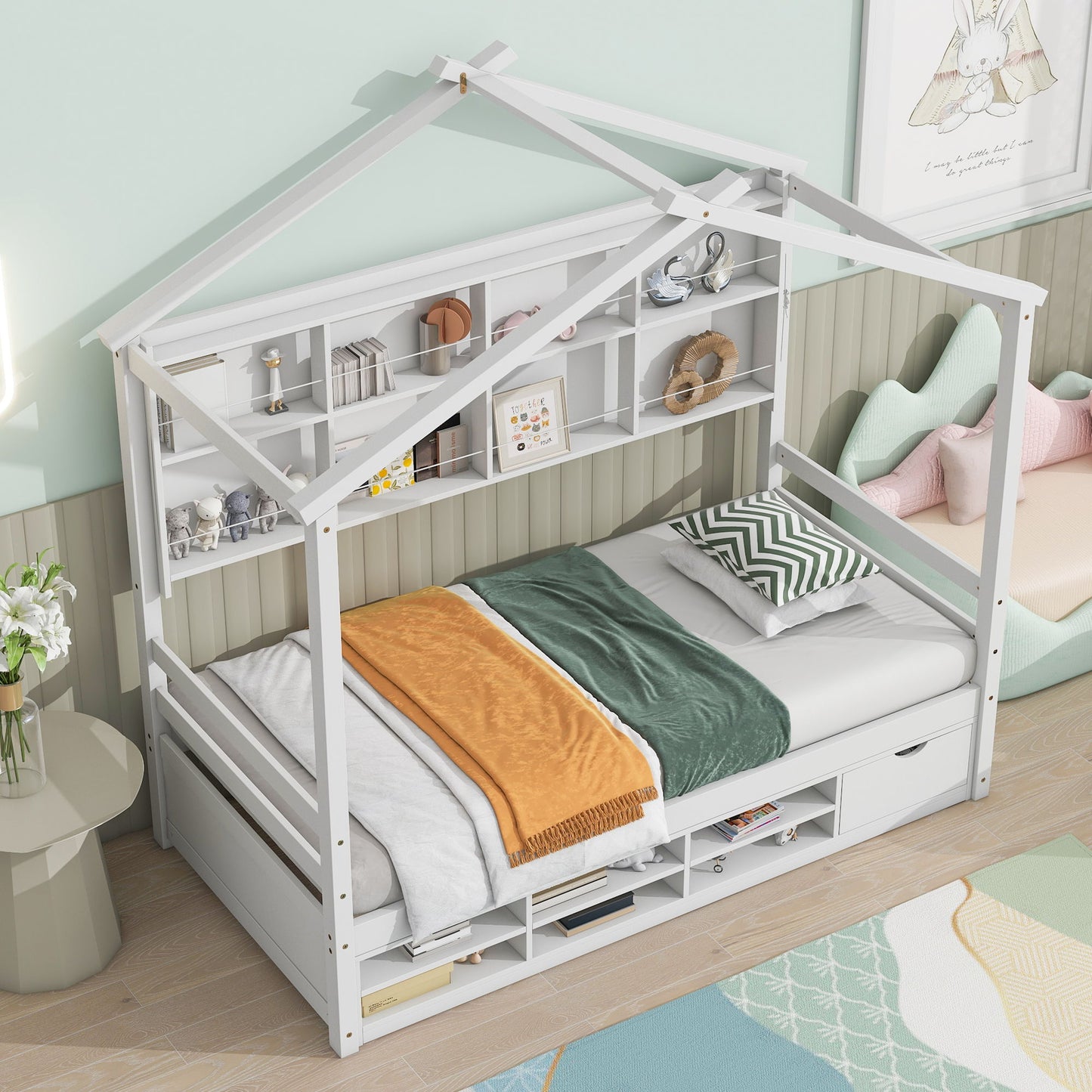 House Bed With Roof Frame, Bedside-Shelves, Under Bed Storage Unit