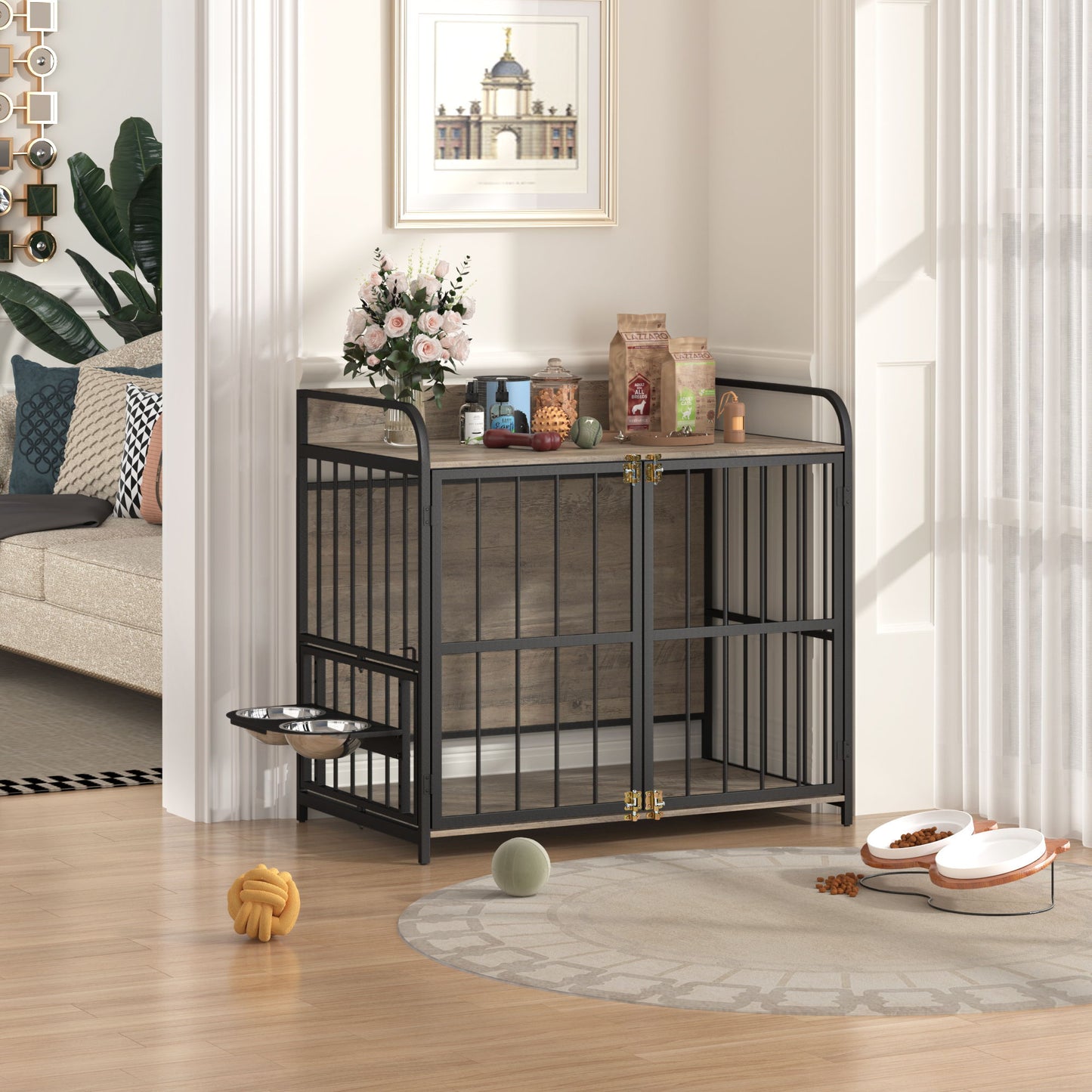 Indoor Metal Dog Crate With Double Doors, Wooden Side End Table Crate, Dog Crate Furniture With Adjustable Feeder Stand, For Medium Dog - Gray