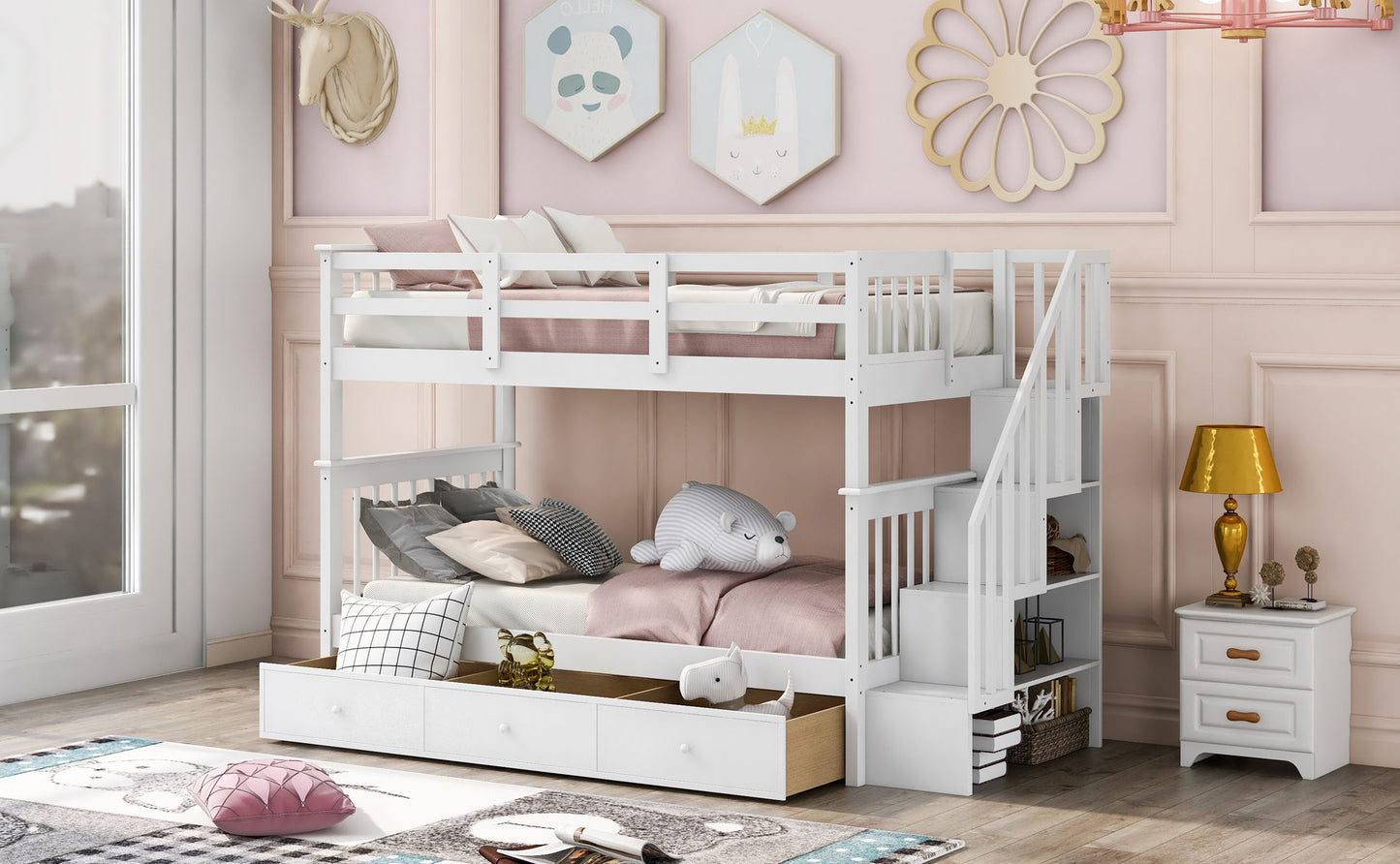 Stairway Twin Over Twin Bunk Bed With Three Drawers For Bedroom, Dorm