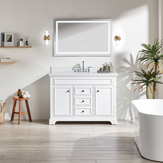 Freestanding Single Bathroom Vanity & Marble Top - White