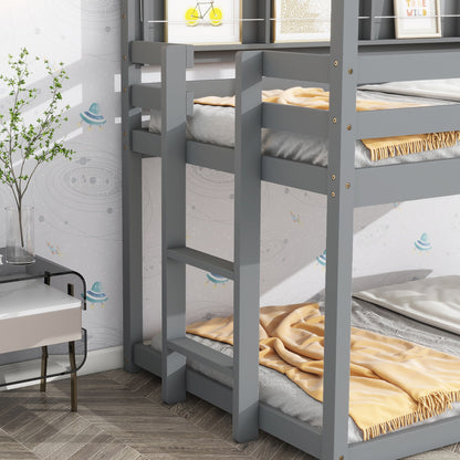 House Loft Bed With Guardrails, Semi-Enclosed Roof, Bedside Shelves And Ladder