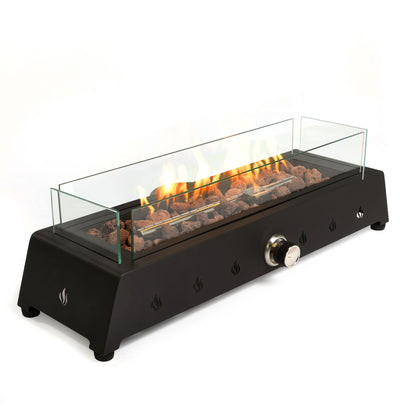 28" Tabletop Fire Pit, Propane Gas Fire Pit With Quick Connect Joint, Glass Wind Guard And Lava Rock, Outdoor Portable Tabletop Fire Pit - Black