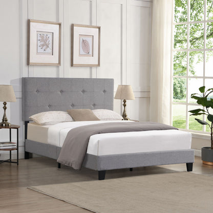 Full Size Upholstered Platform Bed Frame With Modern Button Tufted Linen Fabric Headboard, No Box Spring Needed, Wood Slat Support - Gray