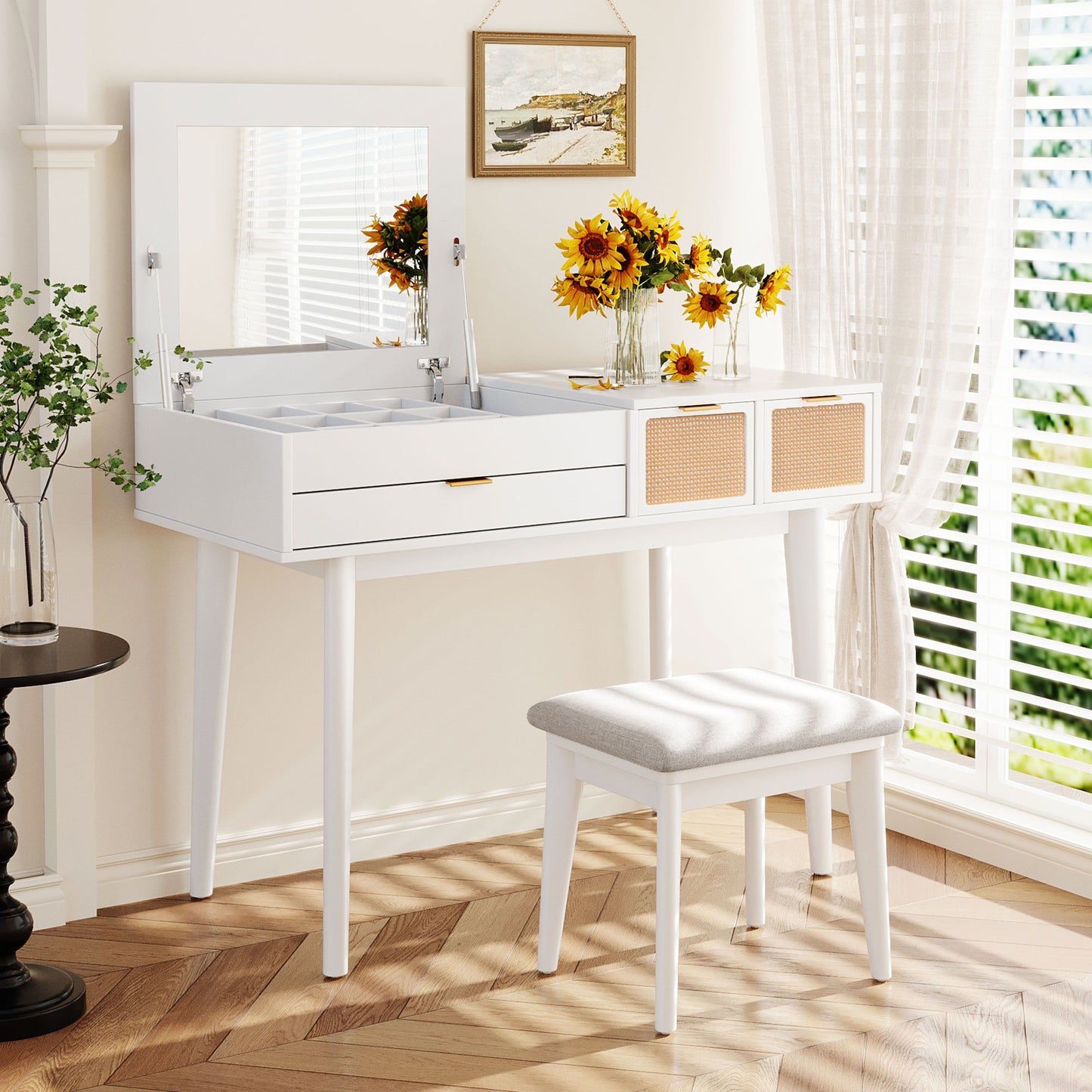 Classic Wood Makeup Vanity Set With Flip-Top Mirror And Stool, Dressing Table With Three Drawers And Storage Space