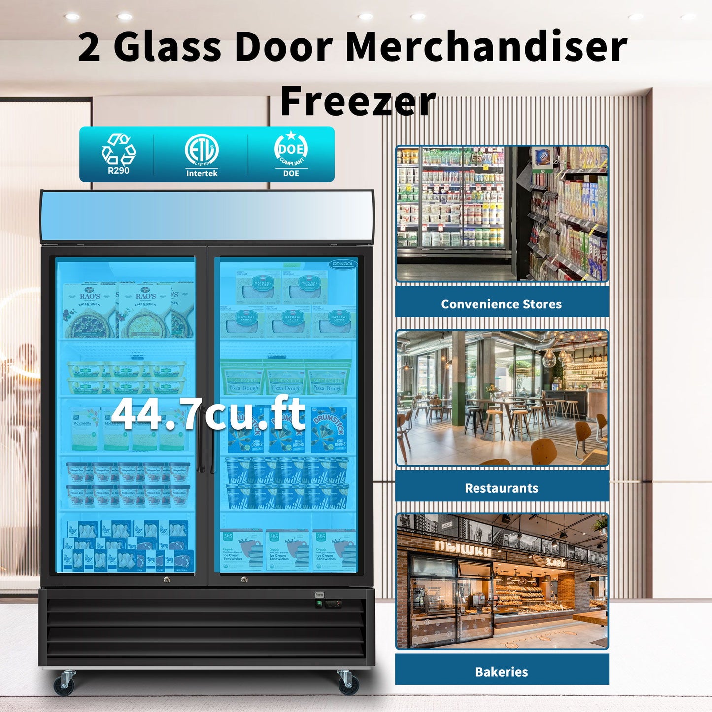 Glass Door Merchandiser Freezer Swing Door Commercial Reach-In Display Freezers With LED Top Panel Upright Freeze Storage