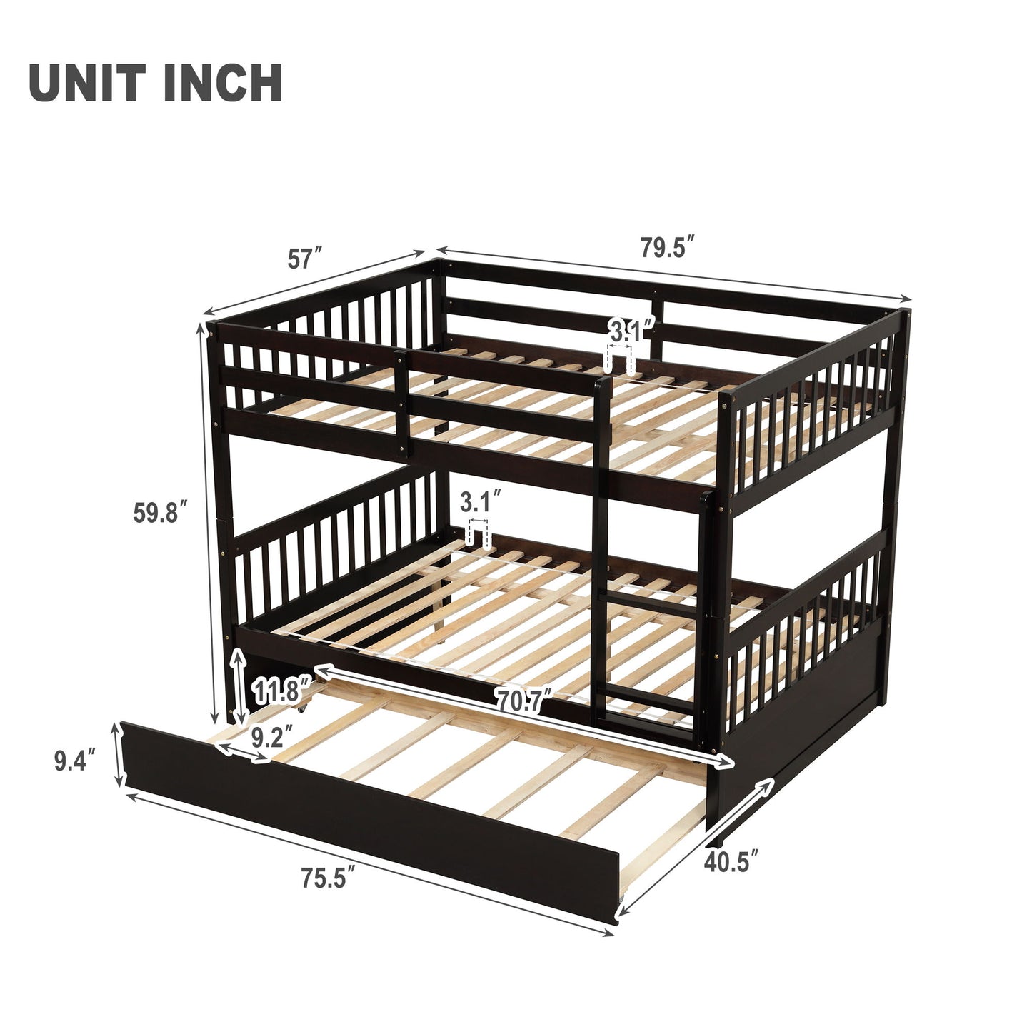 Bunk Bed With Trundle, Convertible To 2 Size Platform Bed, Bunk Bed With Ladder And Safety Rails For Kids