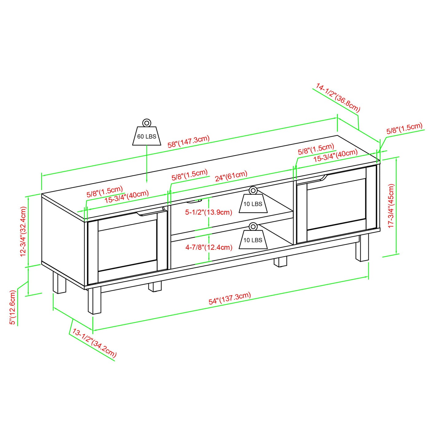 Modern 2 Door Open Storage TV Stand For TVs Up To 65" - Solid Black