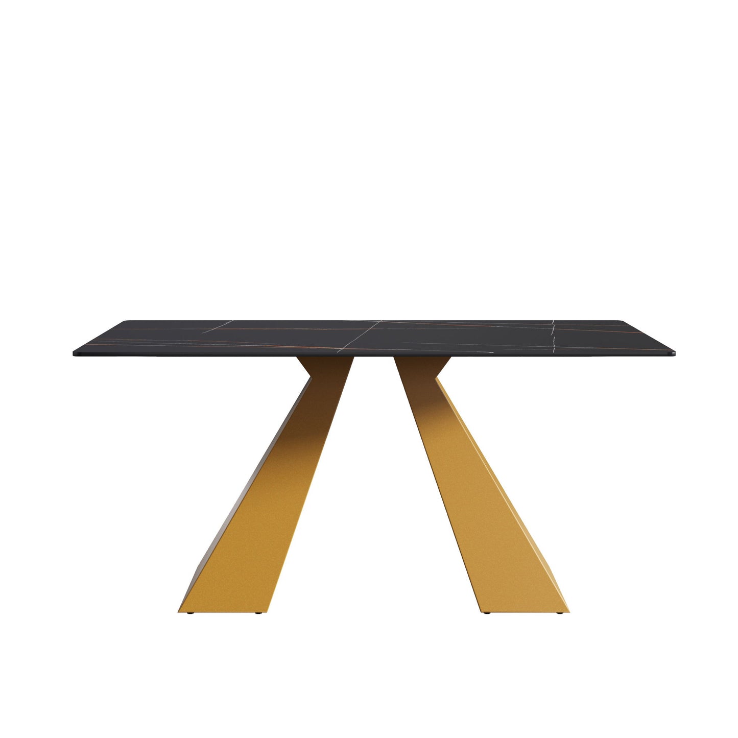 63" Modern Artificial Stone Black Straight Edge Golden Metal Leg Dining Table, 6 People - Black / Gold