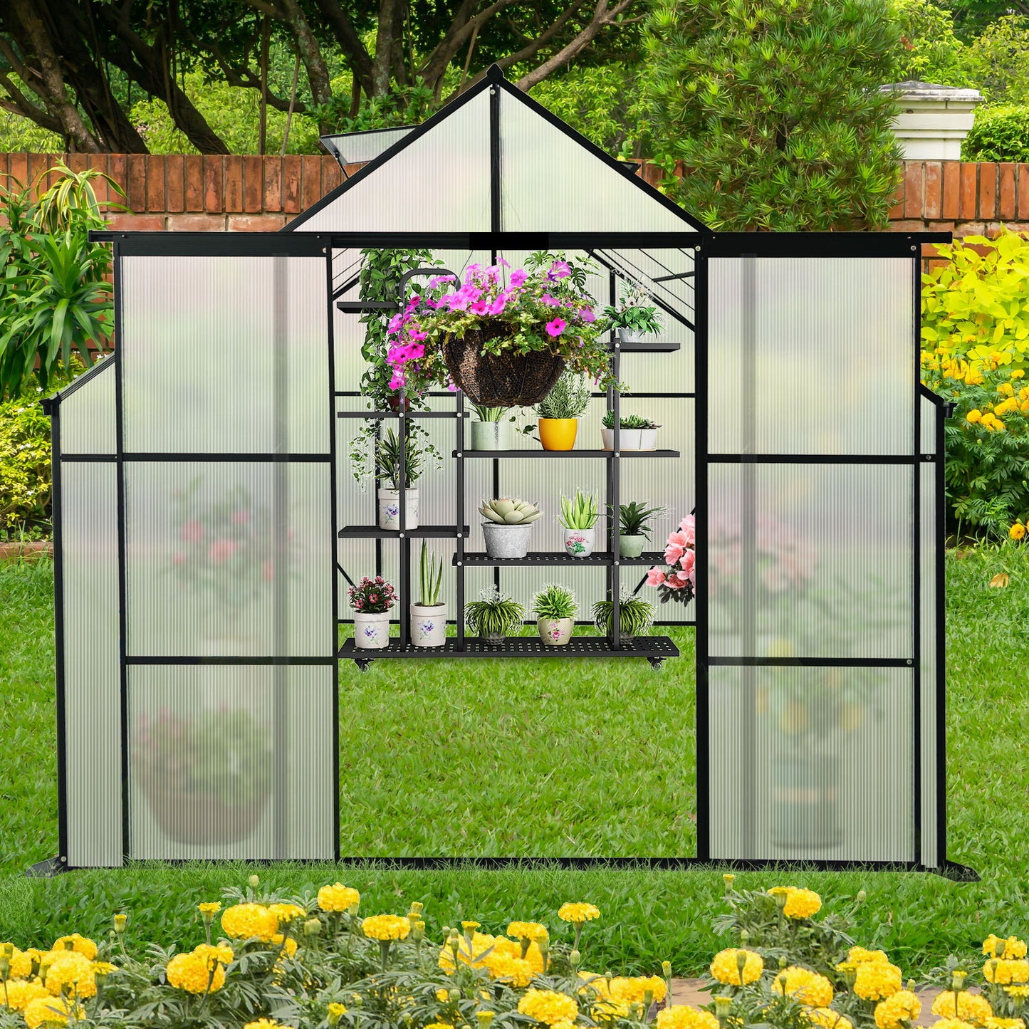 Double Door Polycarbonate Greenhouse Raised Base And Anchor Aluminum Heavy Duty Walk In Greenhouses For Outdoor Backyard In All Season