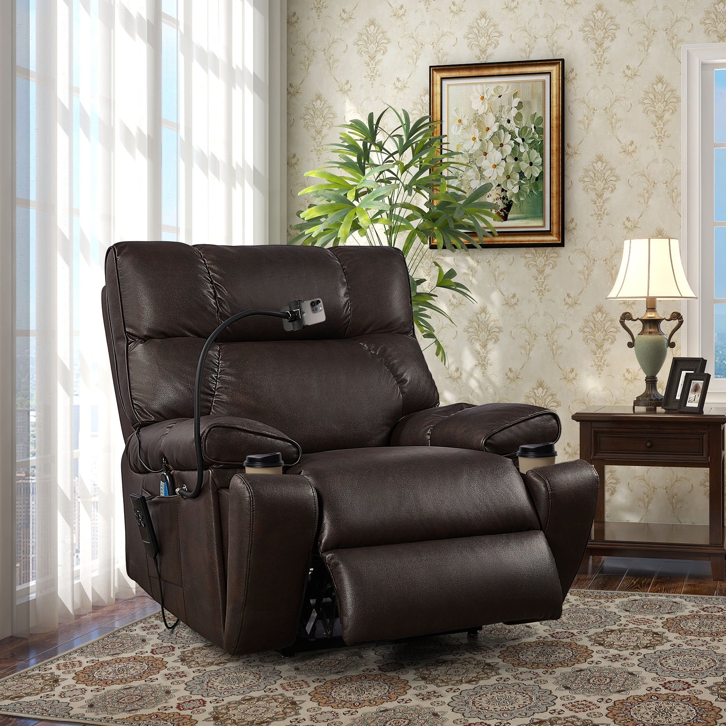 Recliner Chair With Phone Holder, Electric Power Lift Recliner Chair With 2 Motors Massage And Heat For Elderly, 3 Positions, 2 Side Pockets, Cup Holders