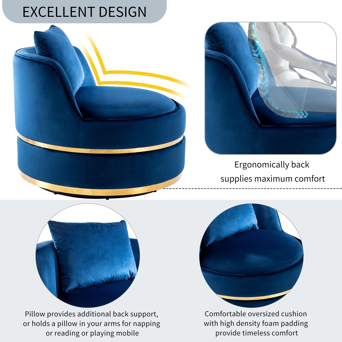 360° Swivel Accent Chair Velvet Modern Upholstered Barrel Chair Over-Sized Soft Chair With Seat Cushion For Living Room