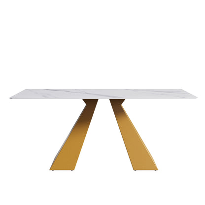 70.87" Modern Artificial Stone White Straight Edge Metal Leg Dining Table - White / Gold