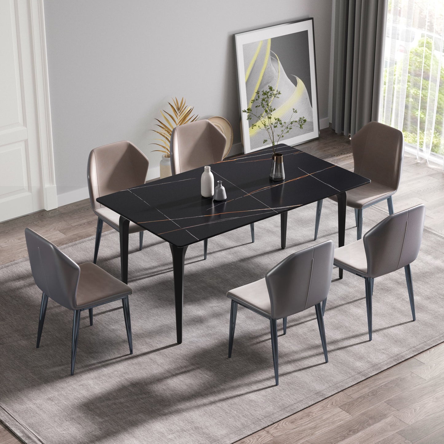 63" Modern Artificial Stone Black Straight Edge Black Metal Leg Dining Table, 6 People - Black