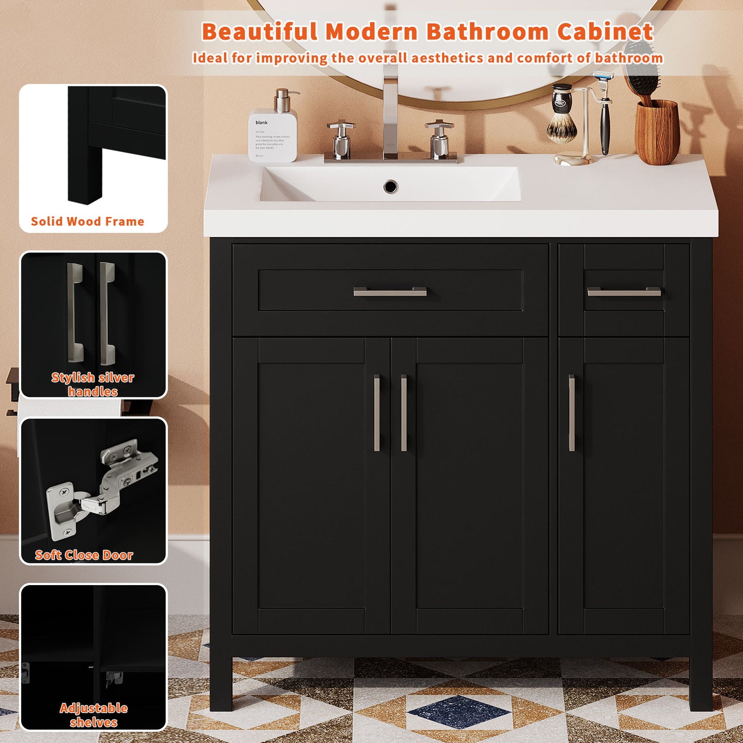 Bathroom Vanity Cabinet With Resin Integrated Sink - 2 Drawers, 3 Doors