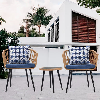 3 Piece Patio Bistro Set With Side Table, Outdoor PE Rattan Conversation Chair Set, Furniture Of Coffee Table With Glass Top, Cushions & Lumbar Pillows For Garden, Backyard, Balcony Or Poolside - Boho Blue