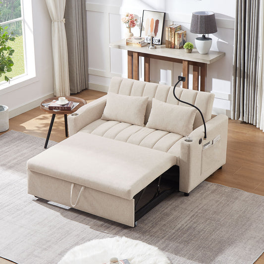 Convertible Sofa Bed Loveseat Sofa With Three USB Ports, Two Side Pockets, Two Cup Holders And 360° swivel Phone Holder For Living Room