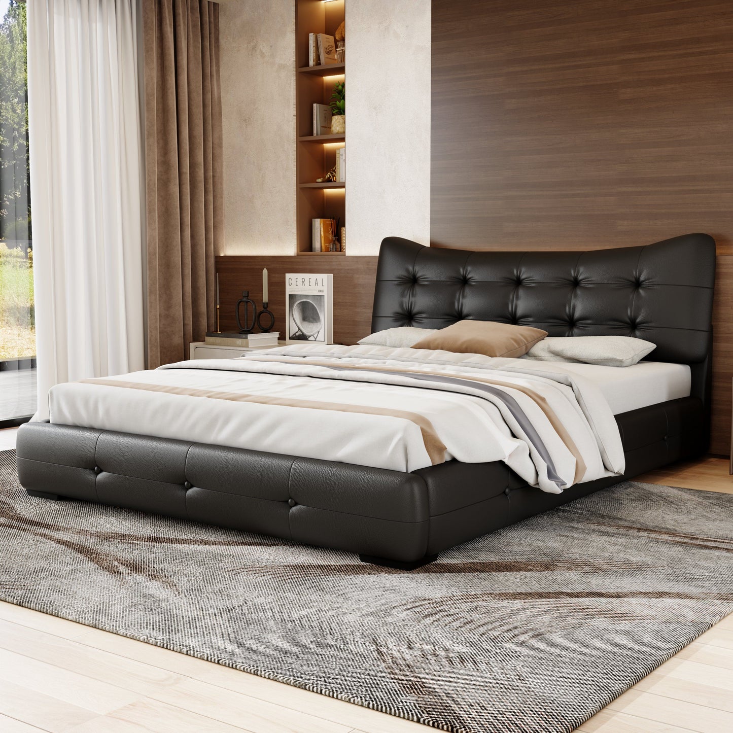 Queen Bed Modern PU Upholstered With Ergonomic Wingback Headboard, No Box Spring Needed - Black