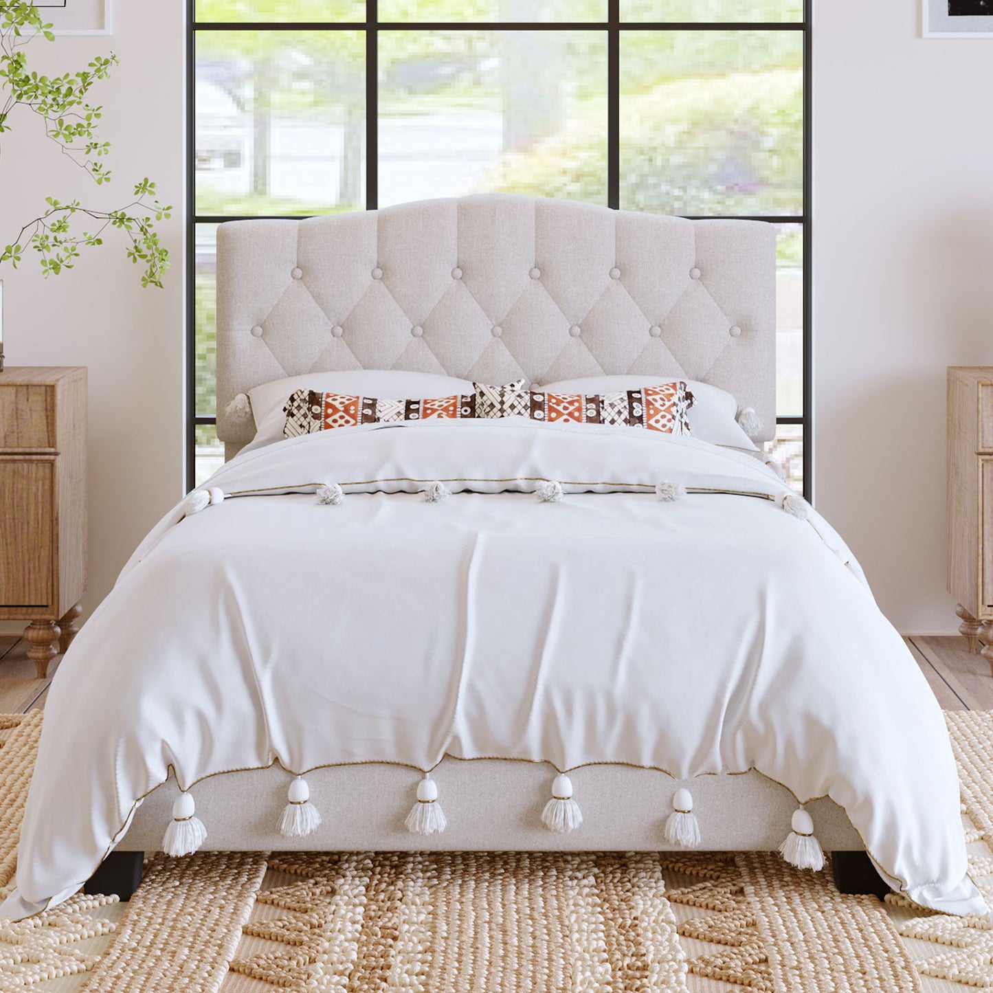 Full Upholstered Platform Bed With Saddle Curved Headboard And Diamond Tufted Details - Beige